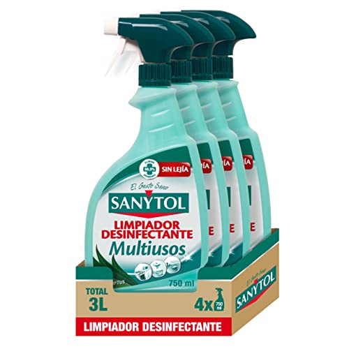 Sanytol - Limpiador Desinfectante Multiusos, Elimina Bacterias, Hongos y Virus Sin Lej铆a, Perfume Eucaliptus - Pack de 4 x 750 Ml = 3L