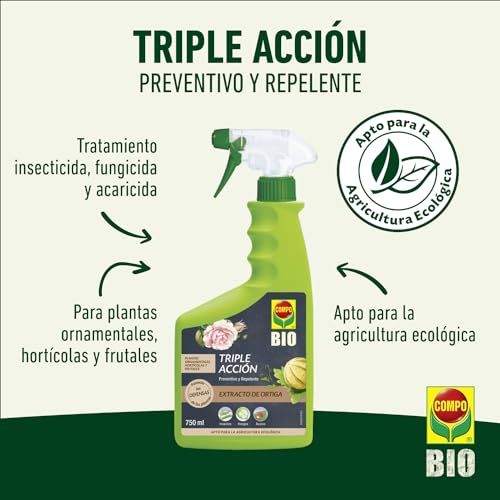 COMPO BIO Triple Acción, Protección contra Insectos, Hongos y Ácaros, Para Plantas Ornamentales, Hortícolas y Frutales, Envase pulverizador, 750 ml