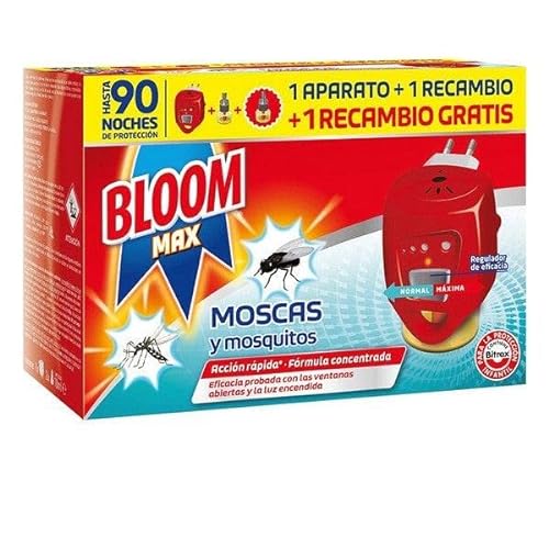 Bloom Max Insecticida ElÃ©ctrico LÃ­quido, contra mosquitos comÃºn y tigre y moscas, 1 aparato + 2 recambios
